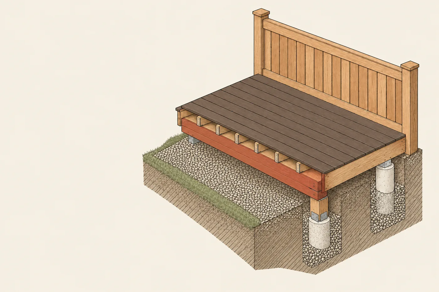 Cutaway drawing of a deck corner: composite boards with even gaps, joists in hangers on a doubled beam picked out in sandstone red, a post and a concrete pier in the ground.
