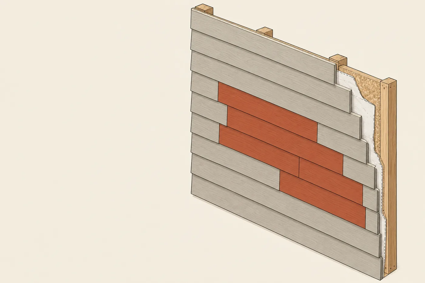 Drawing of a wall of lap siding with a patch of new boards, shown in sandstone-red primer, spliced in with staggered joints; the cut edge shows studs, sheathing and house wrap.
