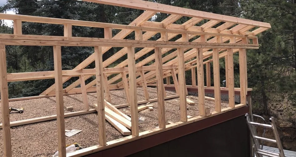 New timber framing for a sloped roof built on top of a flat roof, pines behind